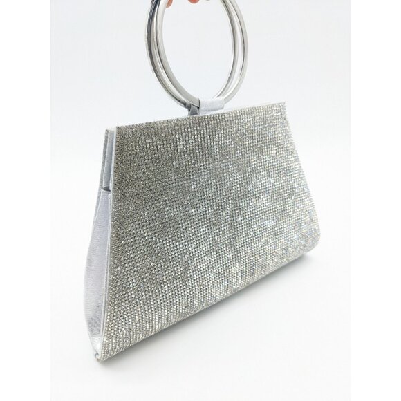 INC Brynnn embellished crystal front bangle handle women's clutch - SILVER - Picture 2 of 11